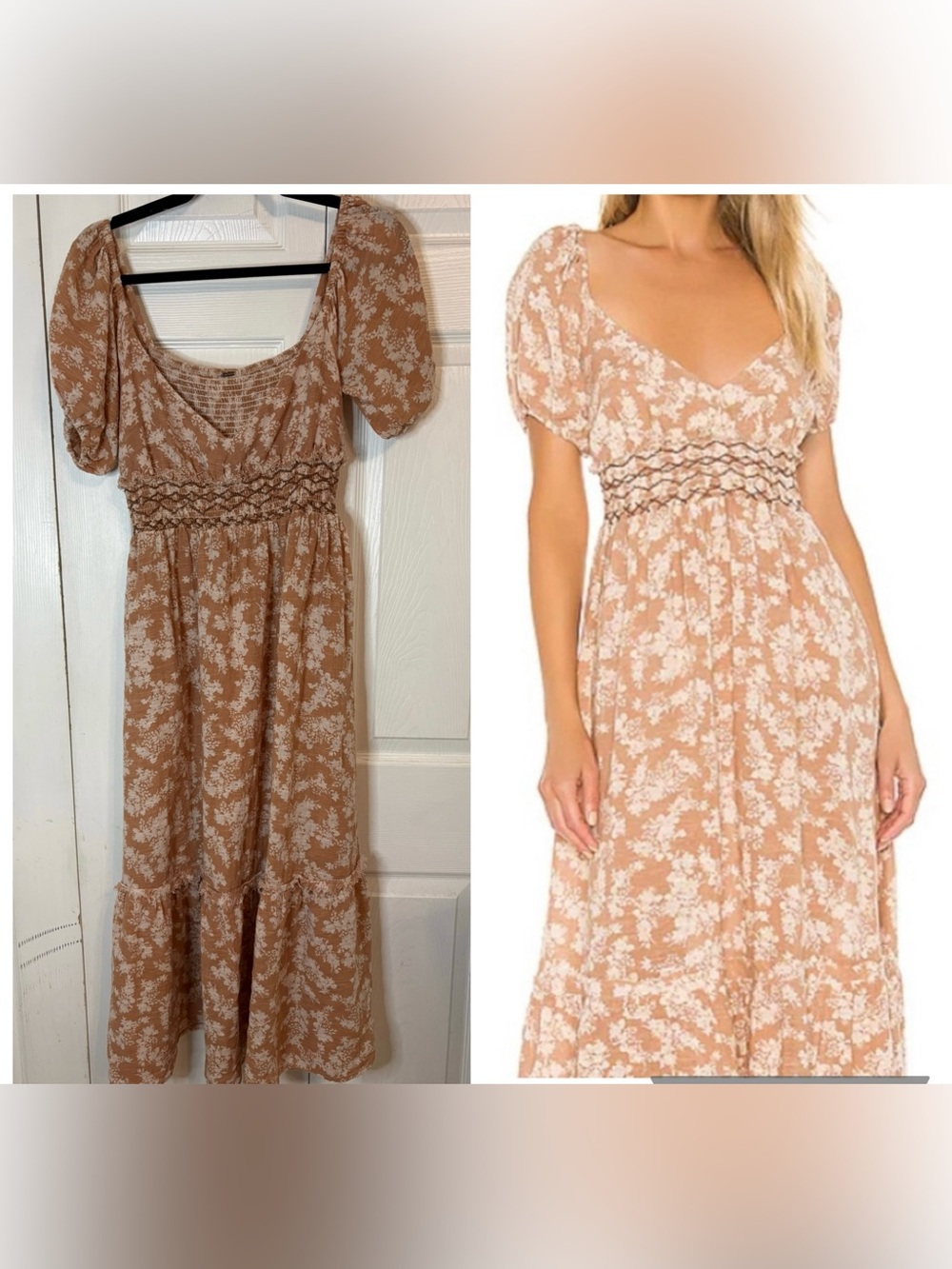 Free People Ellie Printed Maxi Dress Small Neutral Floral smocked